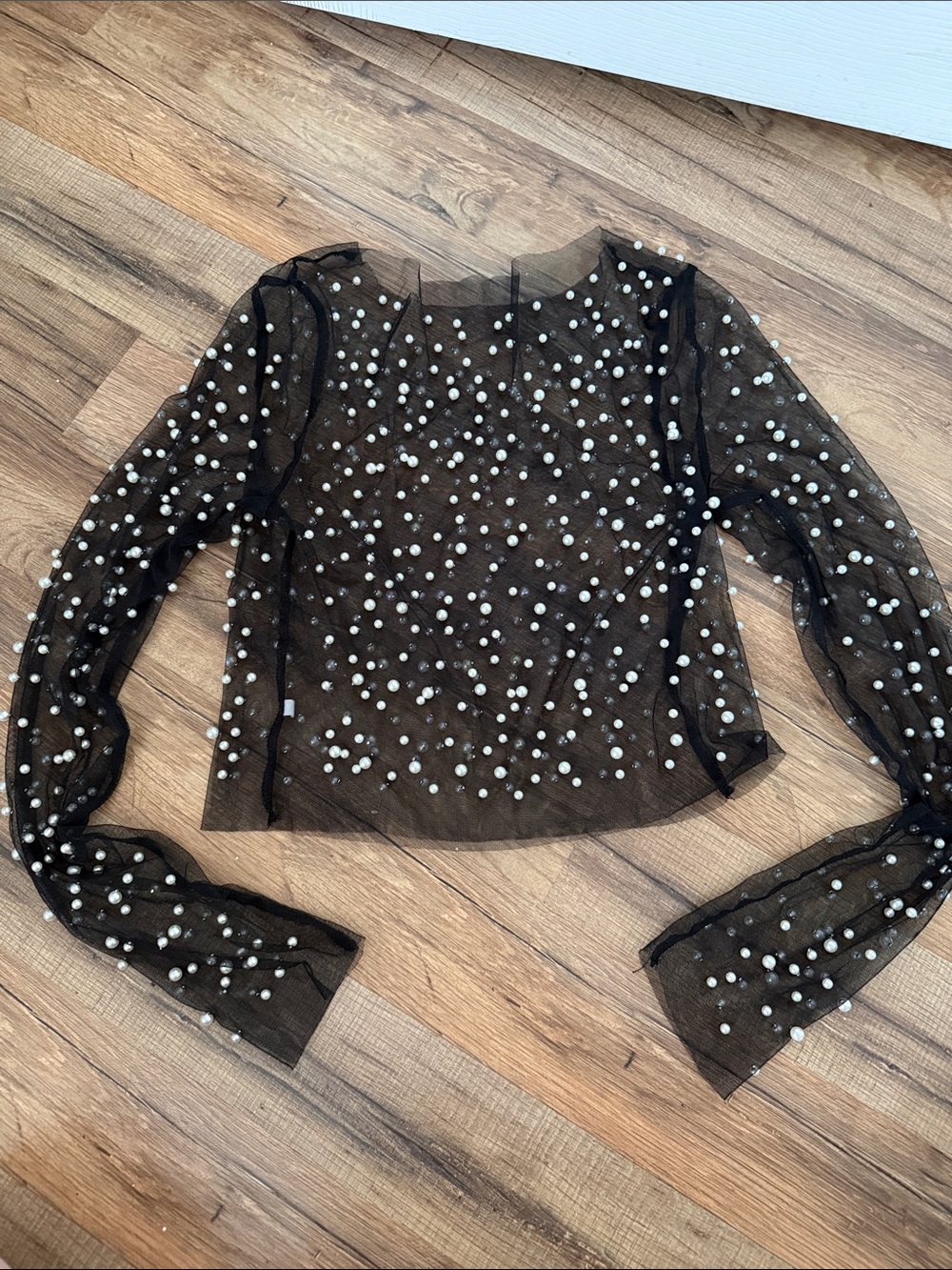 Black Sheer Pearl-Embellished Long-Sleeve Top